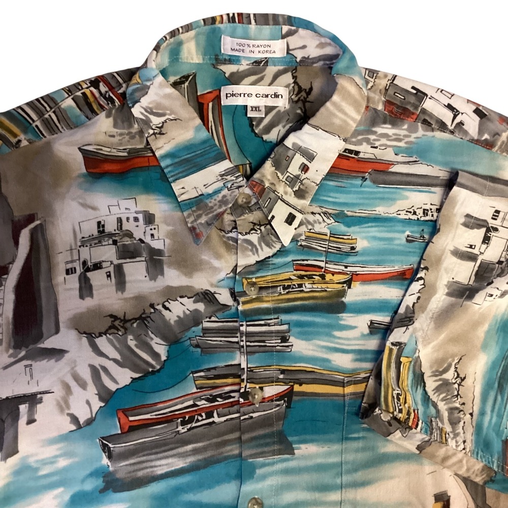 Pierre Cardin Mens XXL Rayon‎ Button Down Shirt Coastal Boat Harbor Scenic Print
